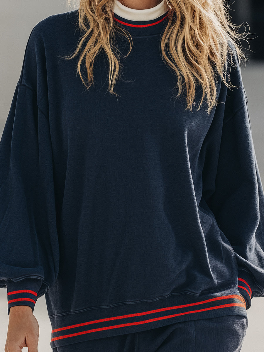Modern Navy Puff-Sleeve Knit Sweatshirt