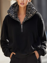Black Polar Fleece Cardigan Jacket With Leopard Print Collar