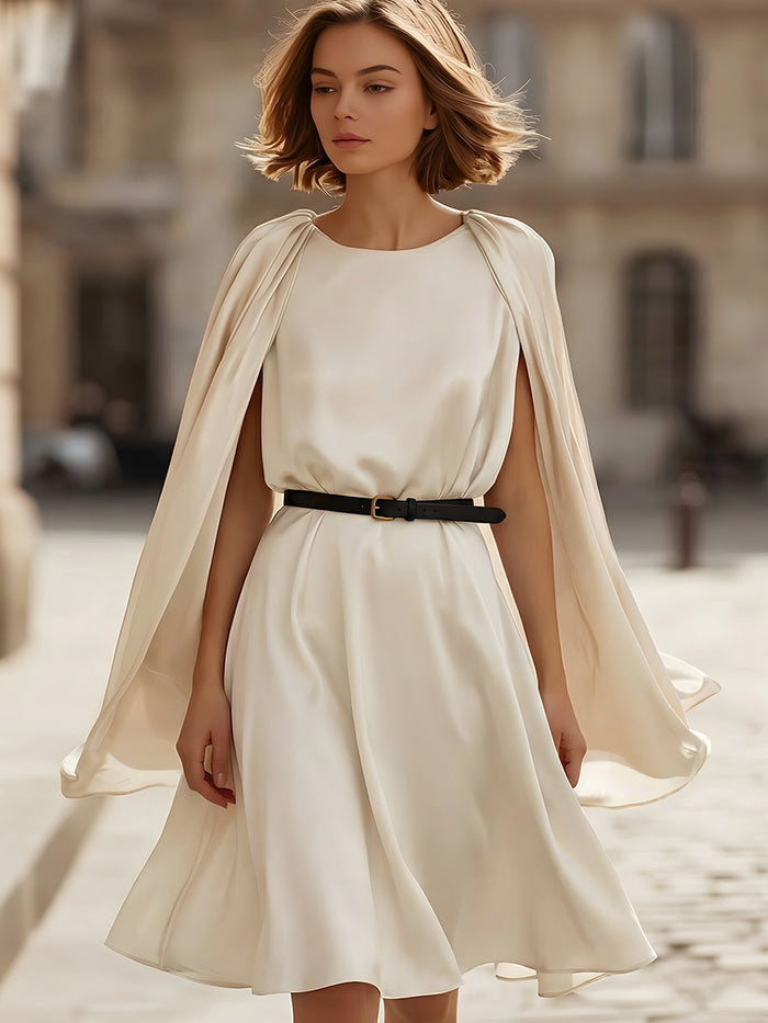 Elegant Cape-Drape Satin A-Line Dress