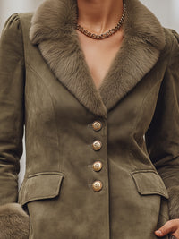 Olive Green Suede Blazer With Faux Fur Trim