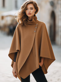 Camel Asymmetric Wool Cape With Button Detail