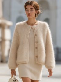 Cream Fluffy Knit Cardigan And Dress Set