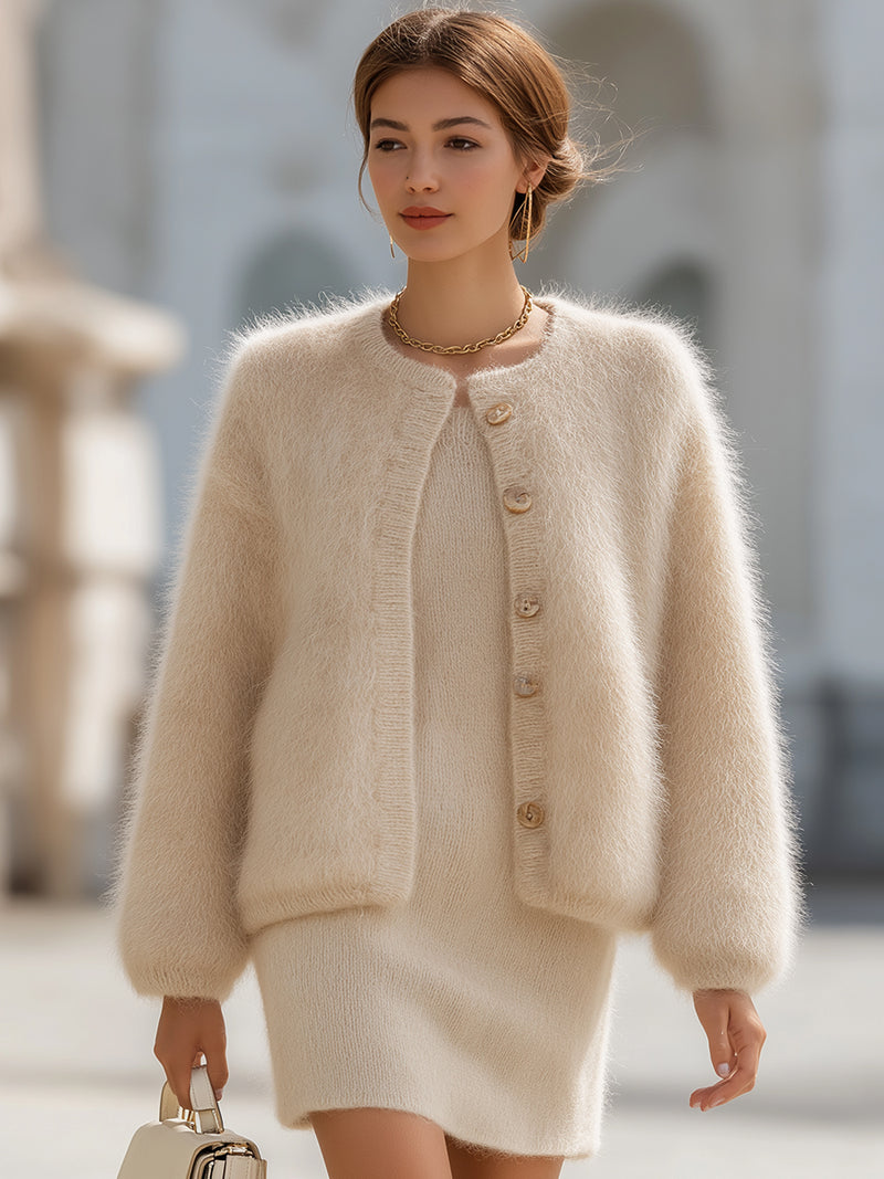 Cream Fluffy Knit Cardigan And Dress Set