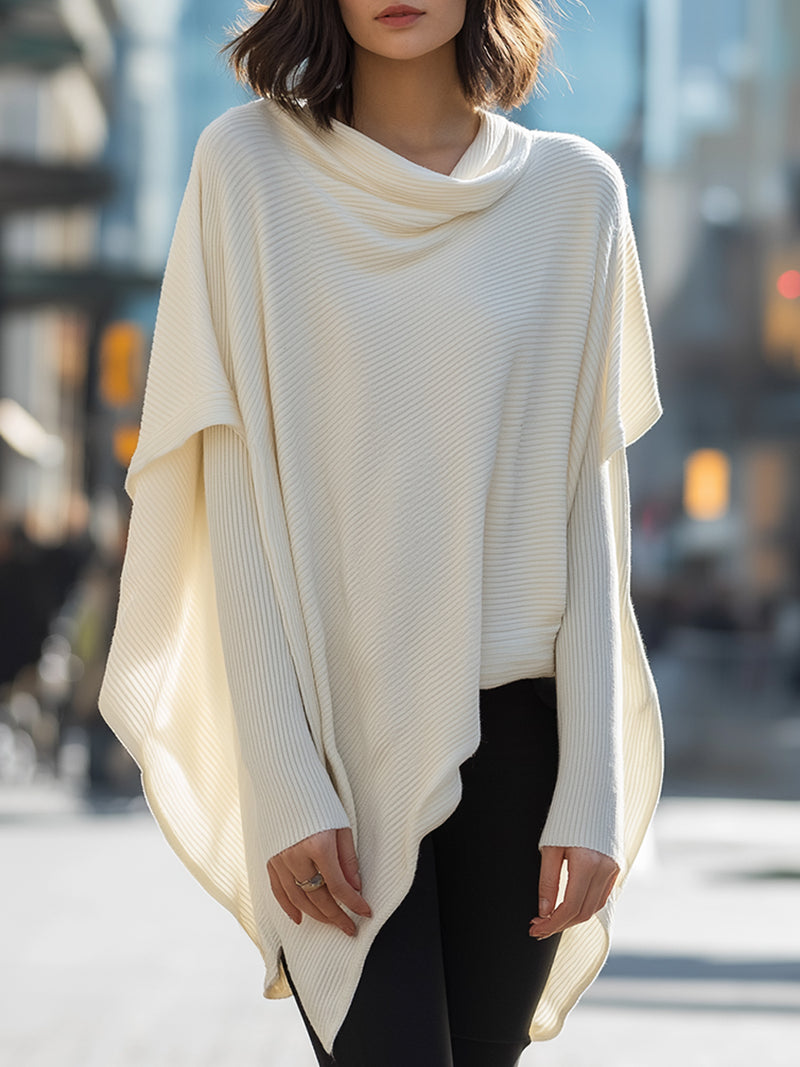 Asymmetric Cape Sweater With Draped Scarf Collar