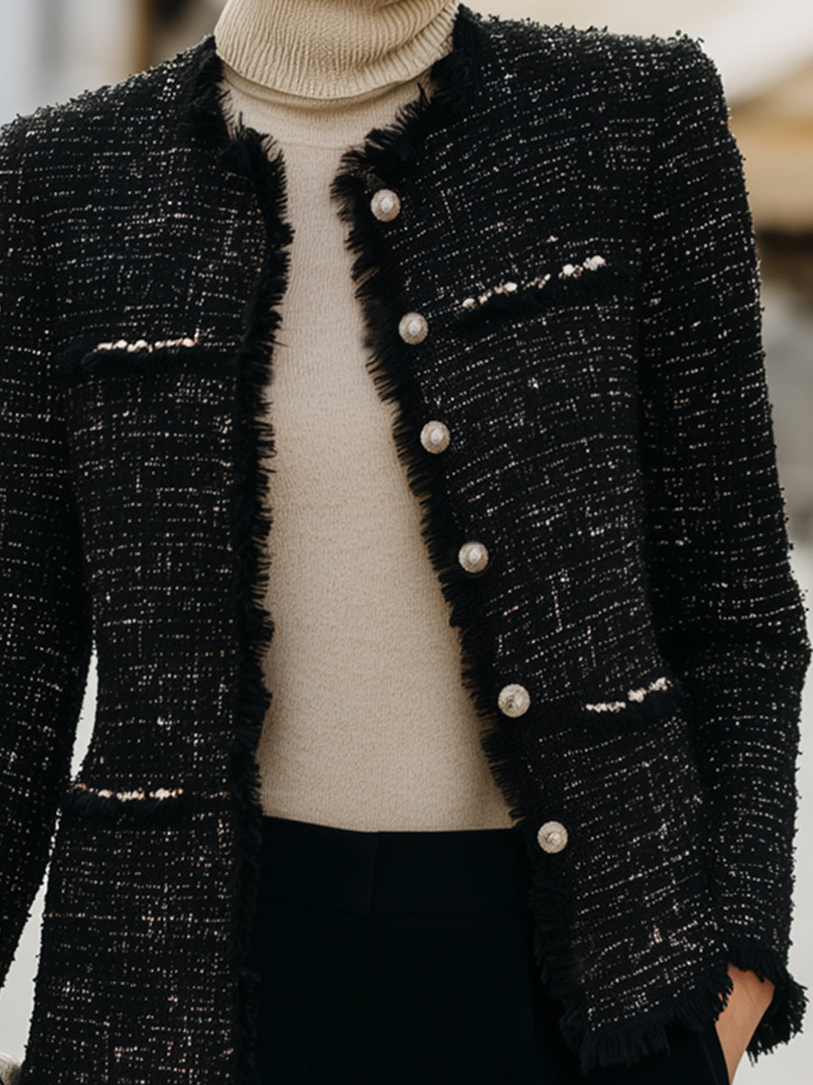 Tweed Fringed Pearl Button Jacket