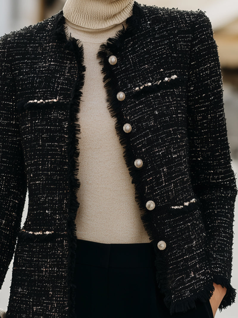 Tweed Fringed Pearl Button Jacket