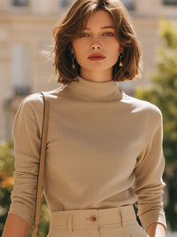 Fine-Rib Mock Neck Long-Sleeve Knit Top