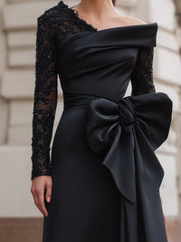 Asymmetrical Off-Shoulder Dress With Sequin Lace And Satin Bow