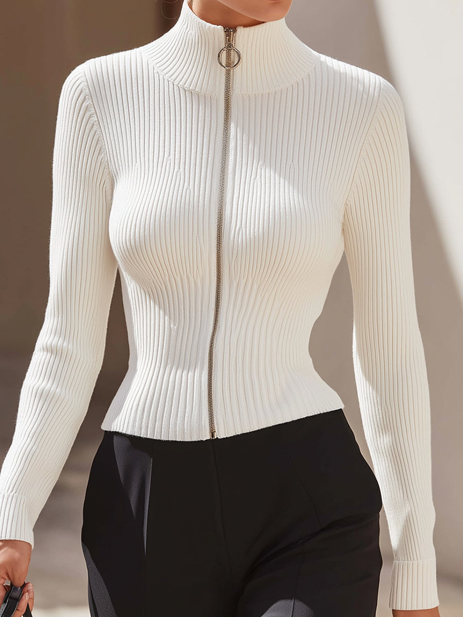 White Ribbed Knit Zip-Up Top