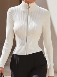 White Ribbed Knit Zip-Up Top