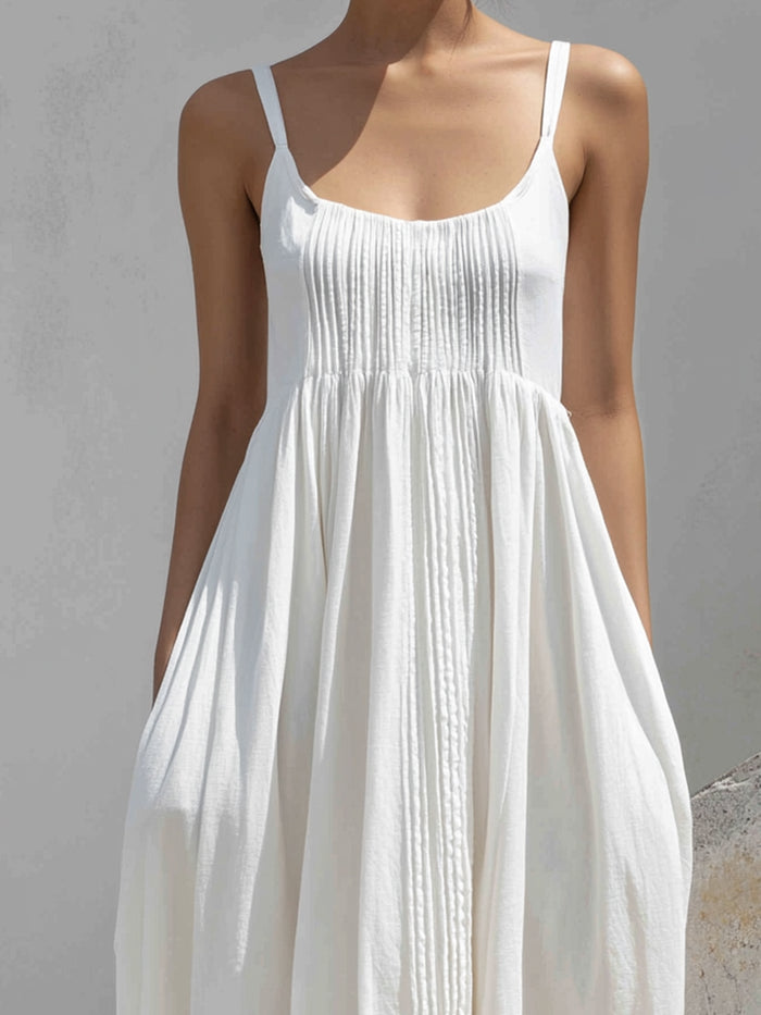 Elegant Pleated Spaghetti Strap Maxi Dress For Women – Minimalist Flowing Summer Dress