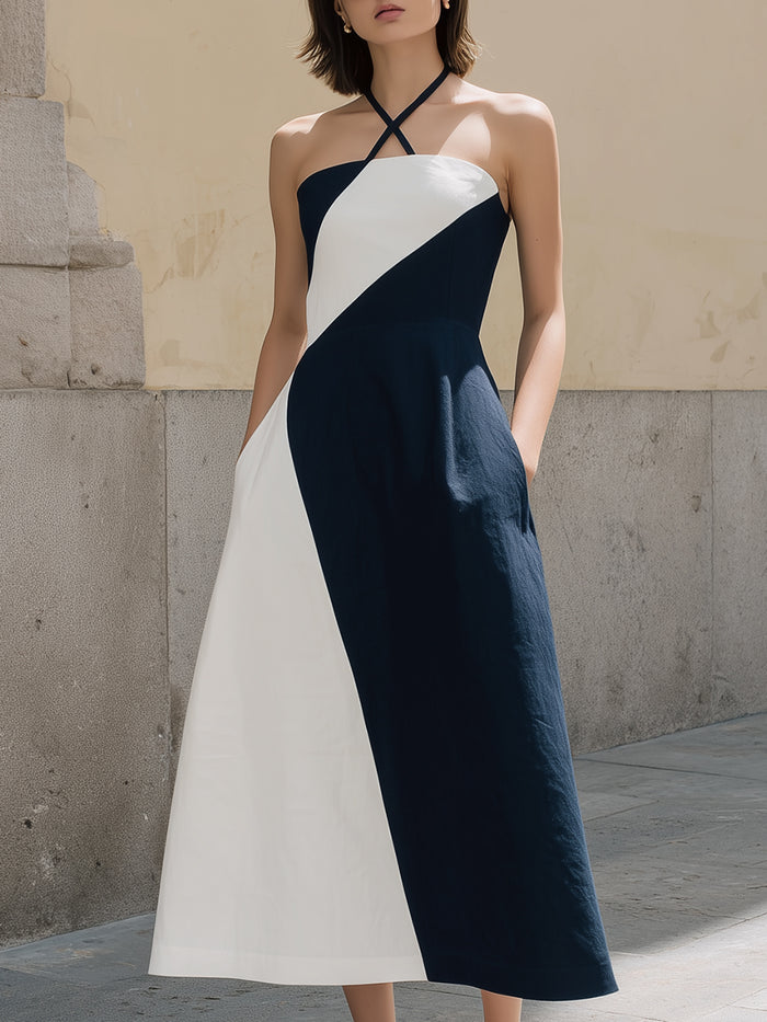 Crisscross Halter Contrast Panel A-Line Midi Dress