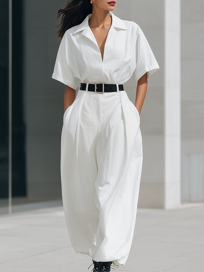 Relaxed Belted Shirt-Collar Wide-Leg Jumpsuit