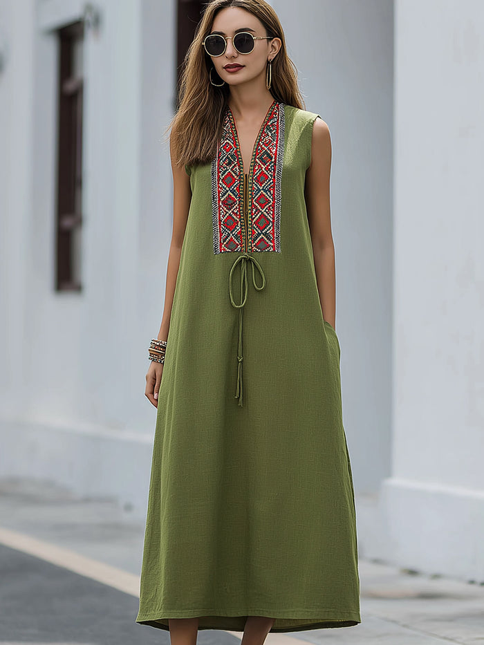 Embroidered Placket Sleeveless Drawstring Midi Dress