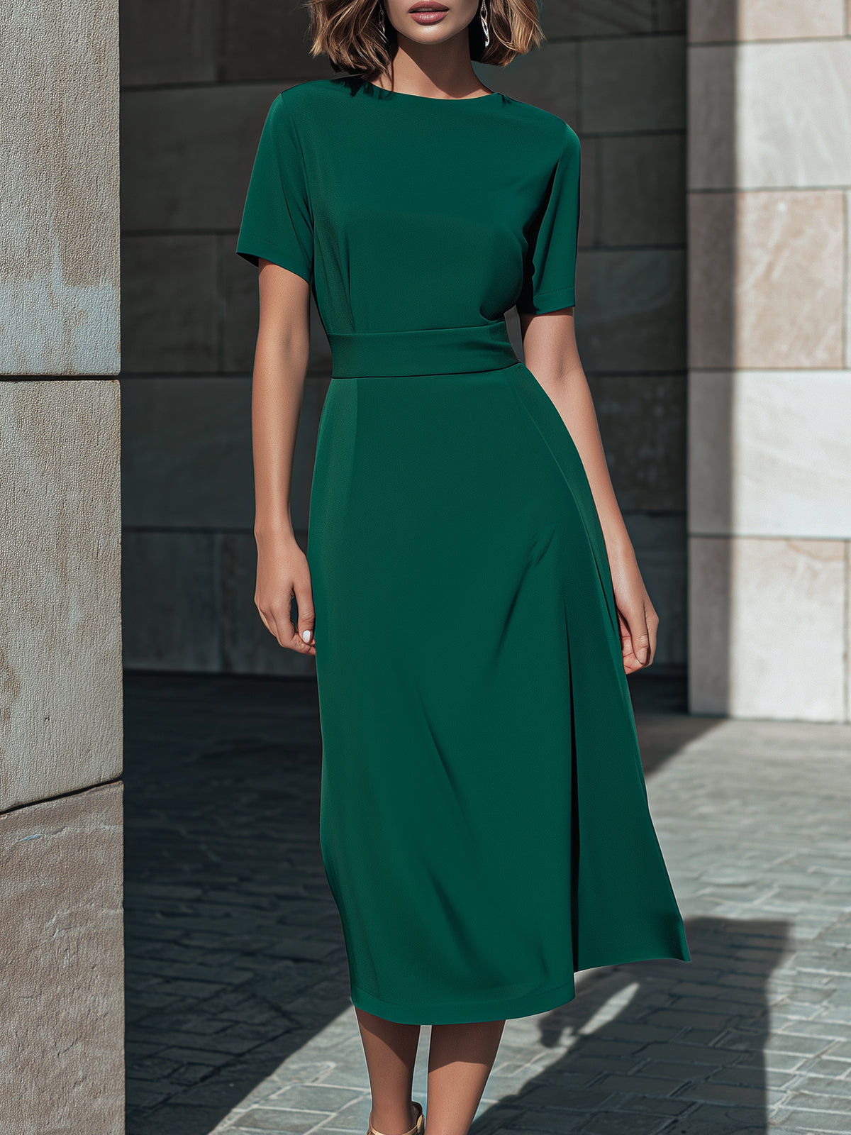 Tailored Short-Sleeve Waist-Defined Midi Dress