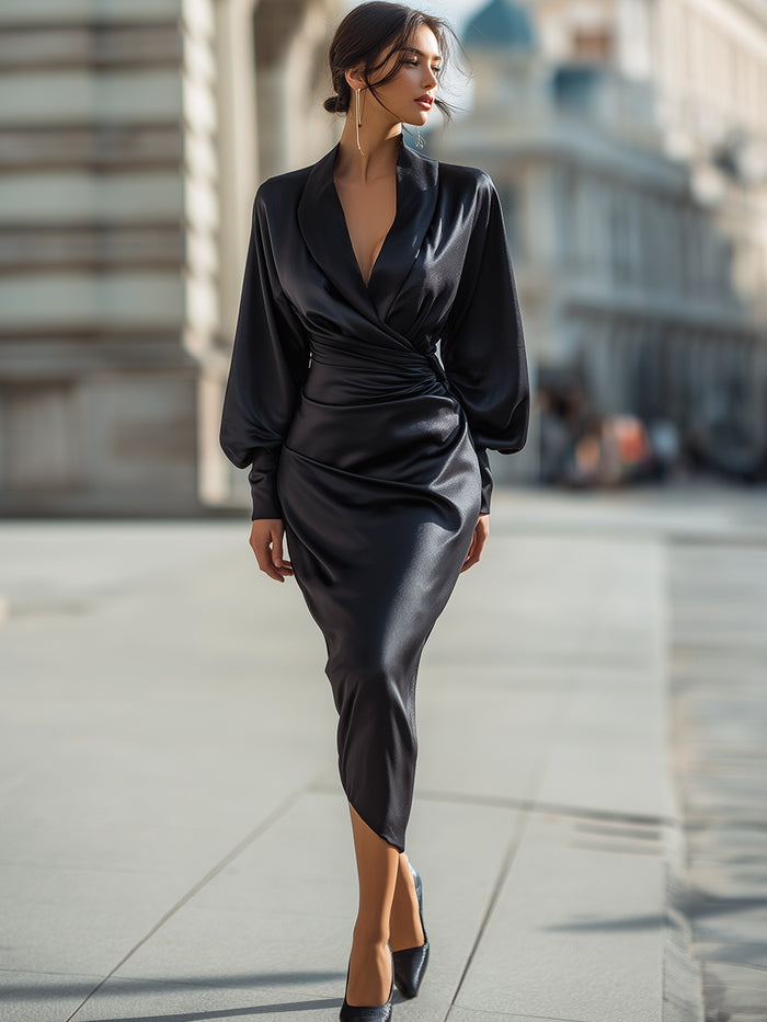 Draped Satin-Wrap Midi Dress
