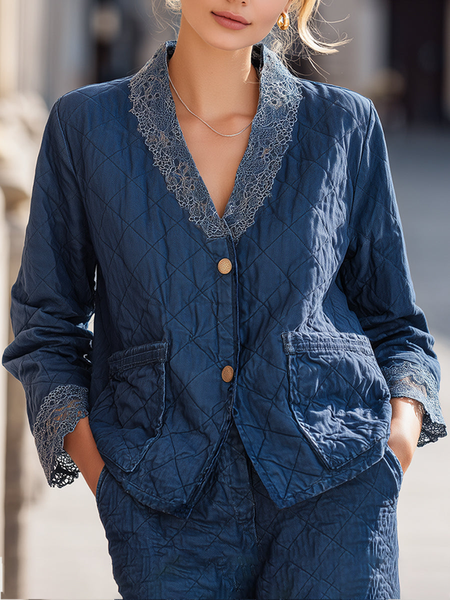 Quilted Blue Jacket With Lace Details
