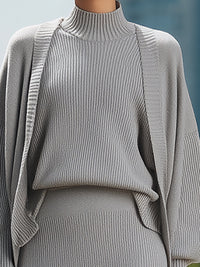 Grey Ribbed Three-Piece Knit Set With Side-Slit Skirt