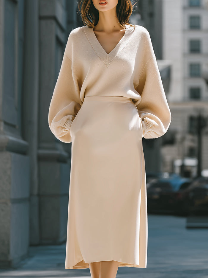 Minimalist V-Neck Sweater And Midi Skirt Set