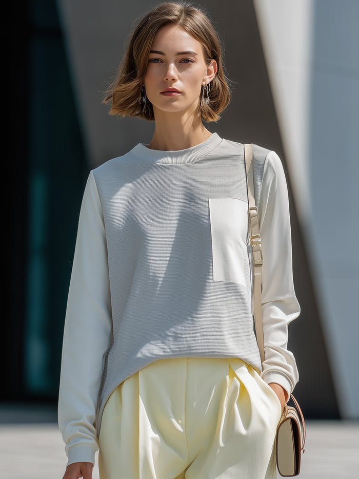 Woven-Panel Long-Sleeve Top