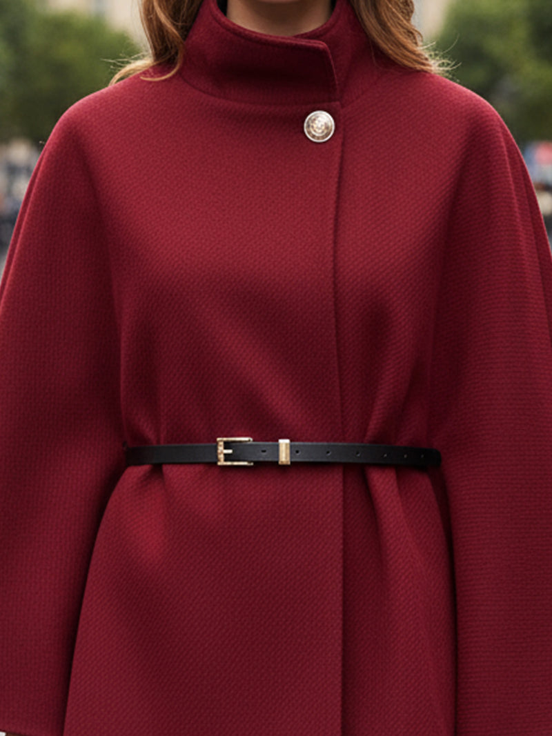 Belted Cape Coat With High Collar In Burgundy