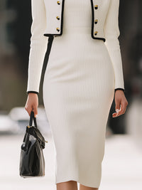 White Ribbed Knit Midi Dress With Contrast Trim Jacket