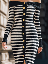 Striped Ribbed Knit Off-Shoulder Bodycon Dress