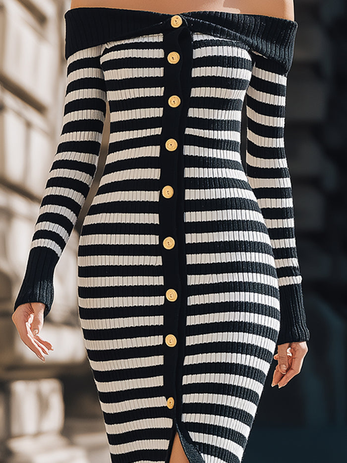 Striped Ribbed Knit Off-Shoulder Bodycon Dress
