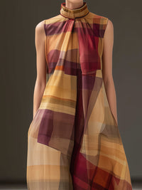 High-Neck Abstract Plaid Sleeveless Maxi Dress