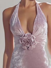 Backless Velvet Gown With Three-Dimensional Floral Embroidery