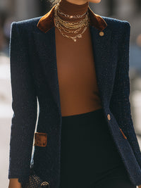 Navy Textured Blazer With Velvet Accents