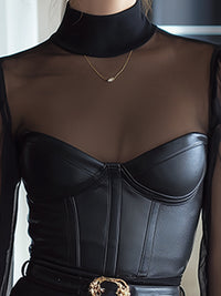 Sheer Mesh High-Neck Faux Leather Bustier Top