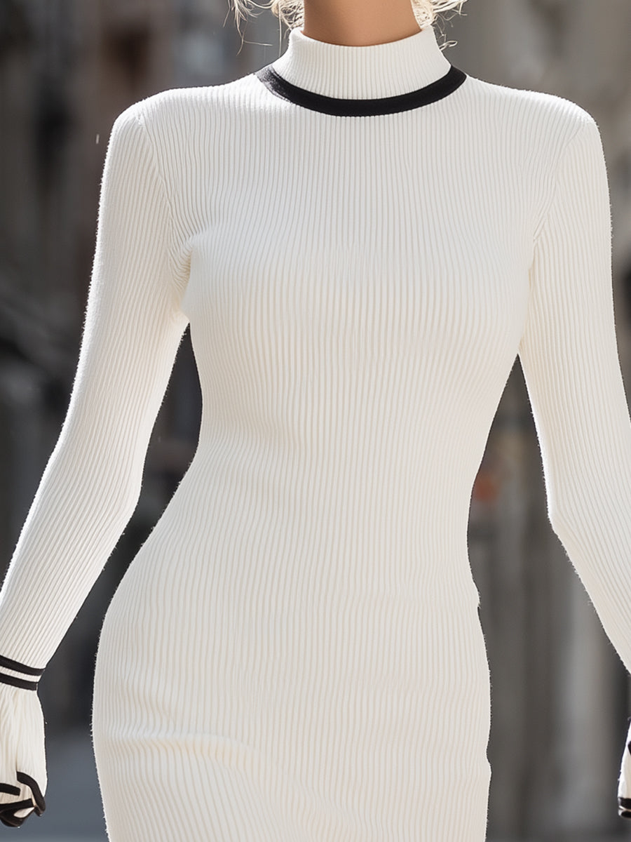 White Knit Dress With Black Ruffle Trim