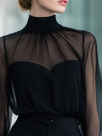 Sheer High-Neck Long Sleeve Elegant Top