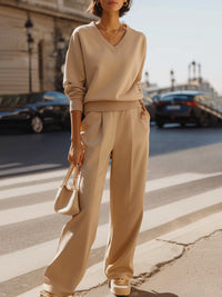 V-Neck Oversized Sweatshirt With Wide-Leg Trousers Set
