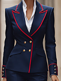 Navy Contrast Piped Double-Breasted Suit Set