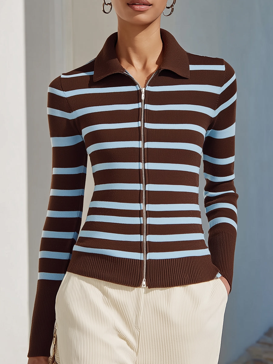 Brown And Blue Striped Knit Zipper Cardigan