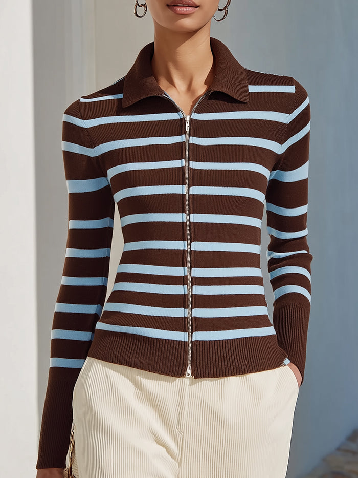 Brown And Blue Striped Knit Zipper Cardigan