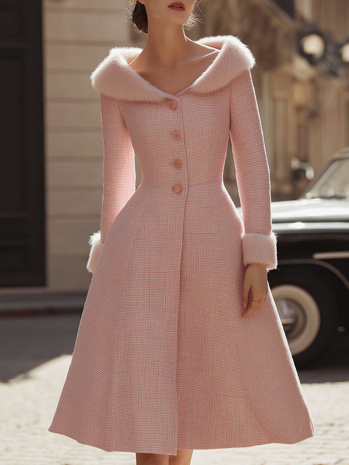 Tweed Midi Dress With Faux Fur Trim
