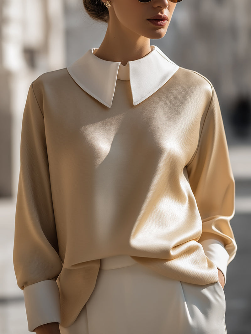 Champagne Contrast Collar Satin Blouse