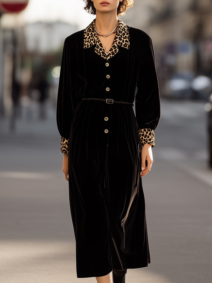 Black Velvet Midi Dress With Leopard Print Collar And Cuffs