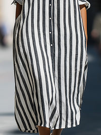 Vertical Stripe Relaxed Button-Front Midi Shirt Dress