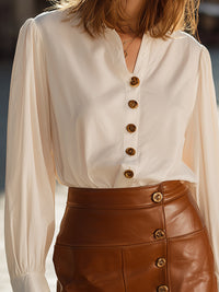 Button-Front Blouse And Caramel Faux Leather Mini Skirt Set