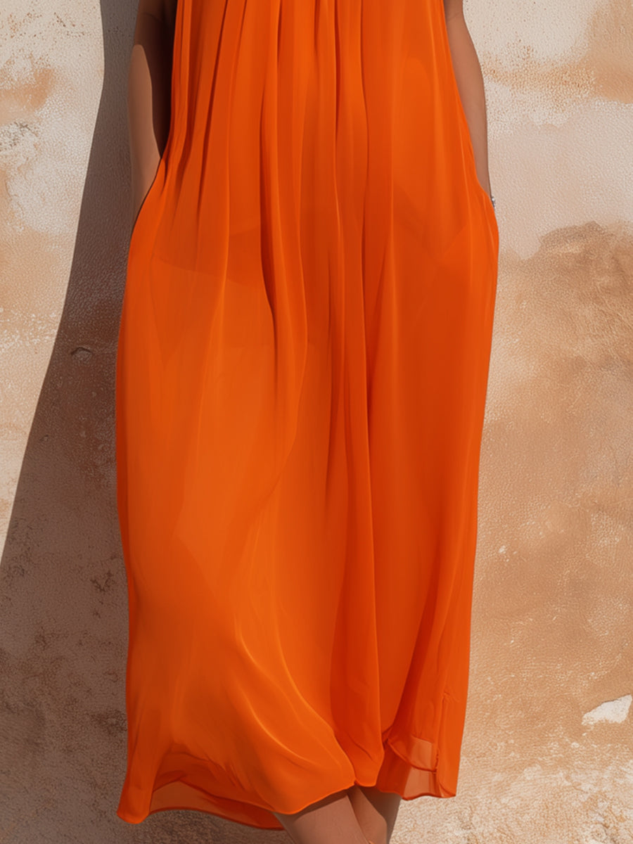 Pleated Halter Neck Flowing Midi Dress