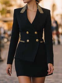 Black Double-Breasted Skirt Suit with Embroidered Lapel Detail