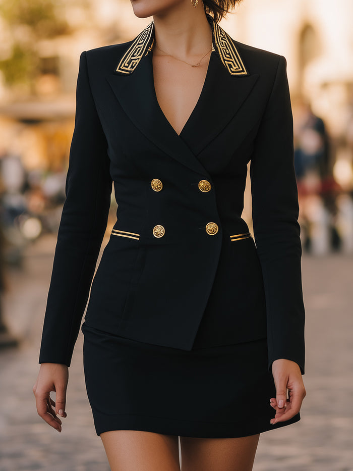 Black Double-Breasted Skirt Suit with Embroidered Lapel Detail