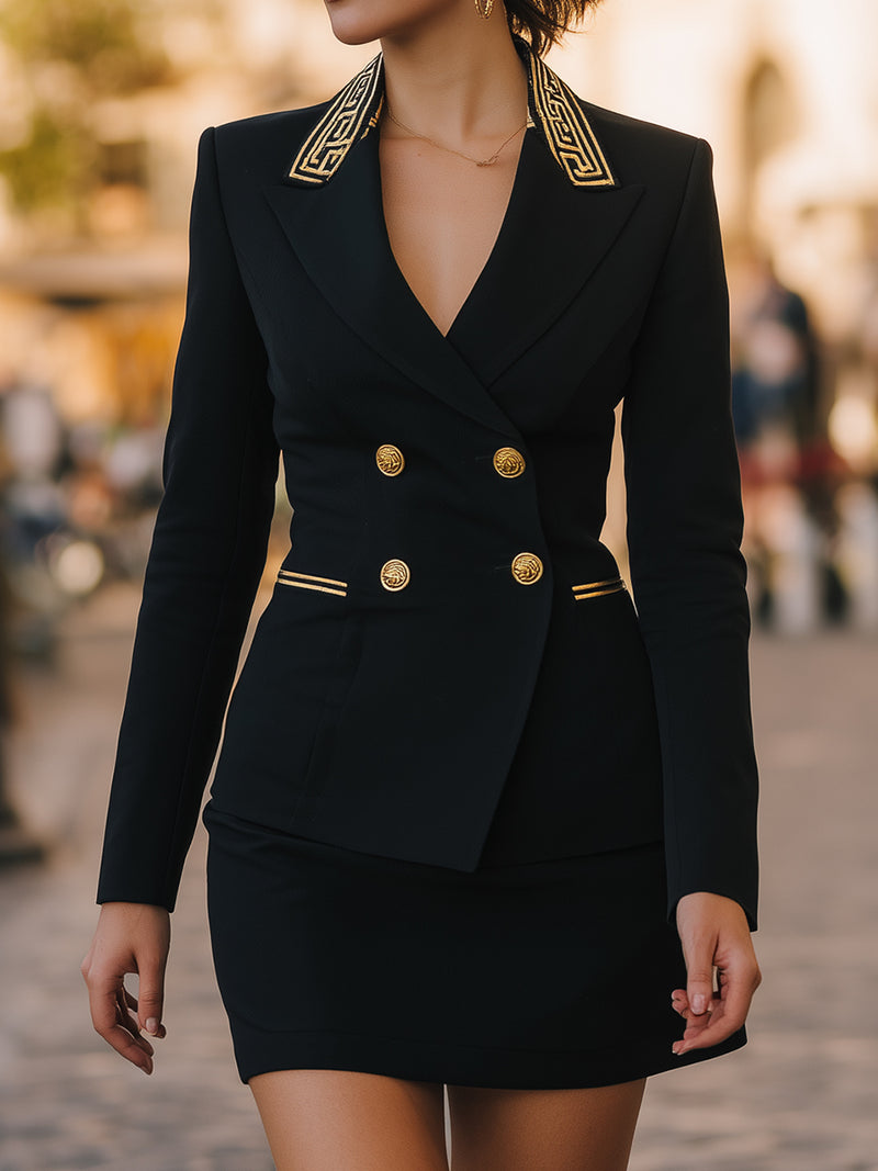 Black Double-Breasted Skirt Suit with Embroidered Lapel Detail
