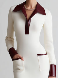 Ivory Knit Dress With Contrasting Burgundy Accents