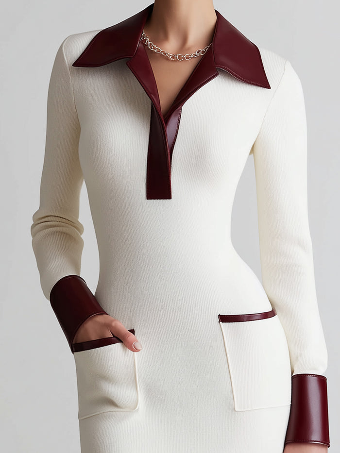 Ivory Knit Dress With Contrasting Burgundy Accents
