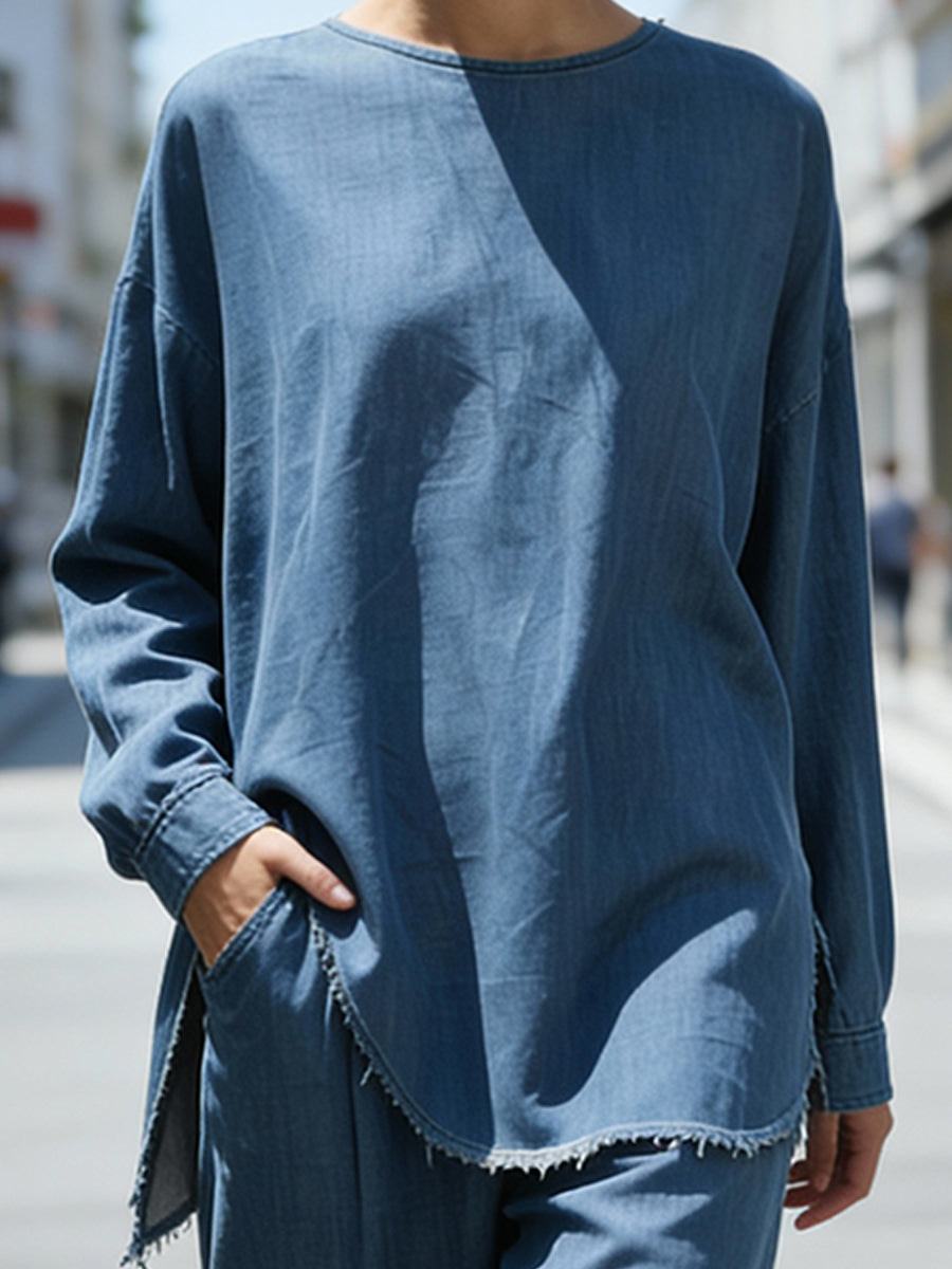 Relaxed Denim Two-Piece Set With Raw Hem